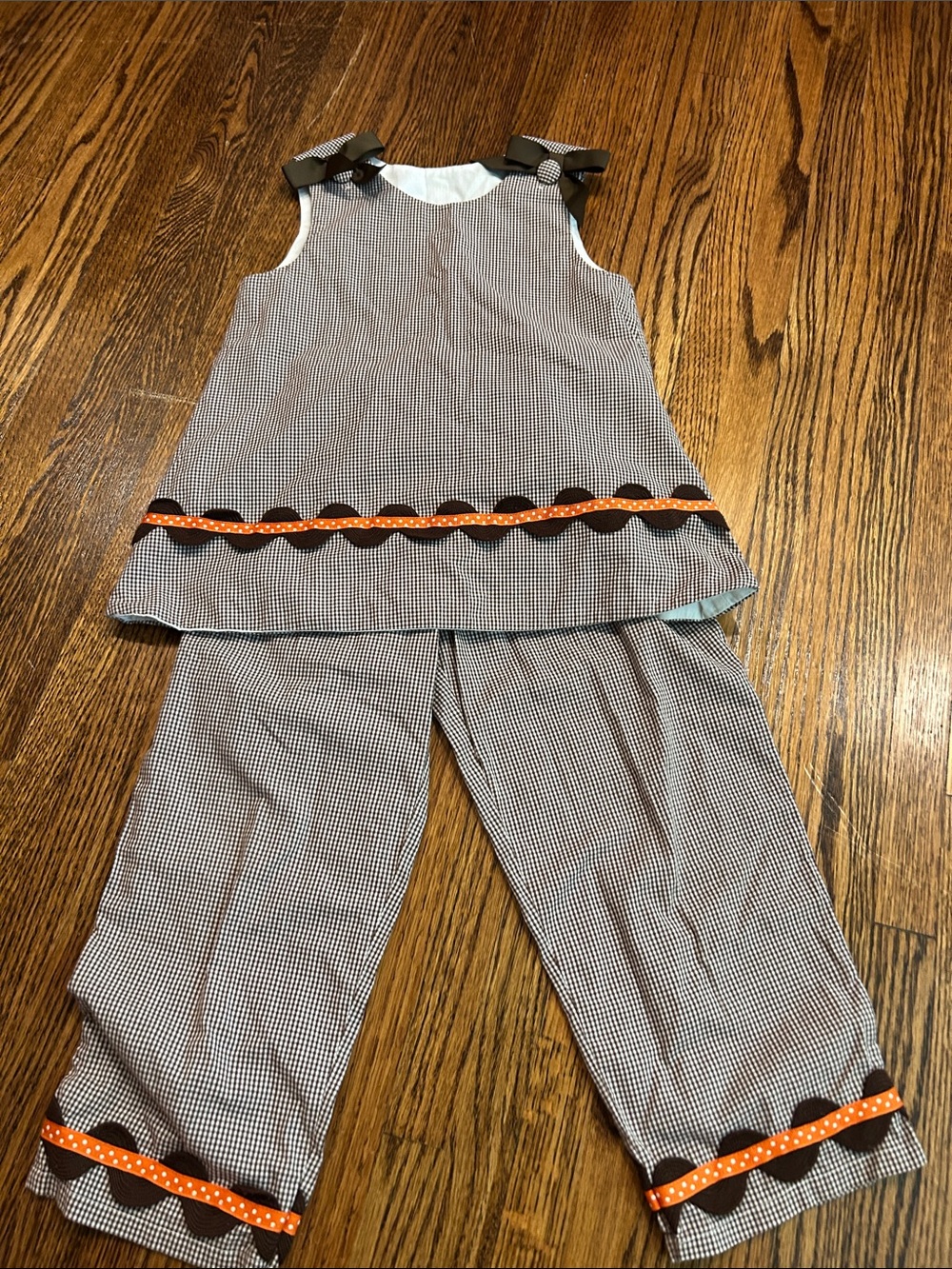 Girls Brown Gingham Two-Piece Fall Set with Orange and Brown Trim